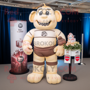 Beige Wedding Cake mascot costume character dressed with a Rugby Shirt and Suspenders