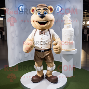 Beige Wedding Cake mascot costume character dressed with a Rugby Shirt and Suspenders