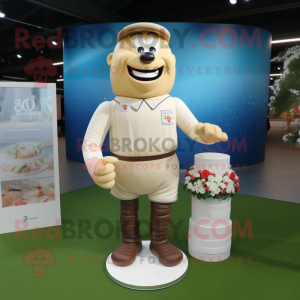 Beige Wedding Cake mascot costume character dressed with a Rugby Shirt and Suspenders