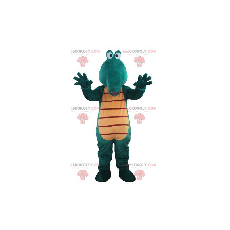 Gigante e divertente mascotte coccodrillo verde e giallo -