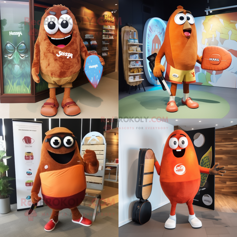 Rust Shakshuka mascot costume character dressed with a Board Shorts and Handbags Rust Shakshuka mascot costume character dressed with a Board Shorts and Handbags