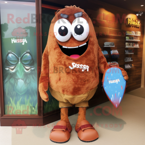 Rust Shakshuka mascot costume character dressed with a Board Shorts and Handbags