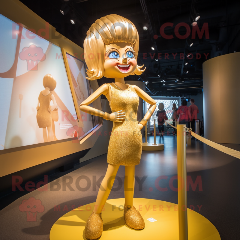 Gold Acrobat mascot costume character dressed with a Mini Skirt and Hairpins Gold Acrobat mascot costume character dressed with a Mini Skirt and Hairpins