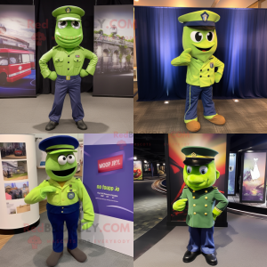 Lime Green Navy Soldier mascot costume character dressed with a Bootcut Jeans and Pocket squares