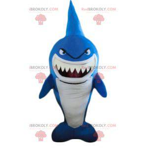 Mascotte de requin bleu et blanc très drôle à l'air féroce -