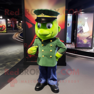 Lime Green Navy Soldier mascot costume character dressed with a Bootcut Jeans and Pocket squares