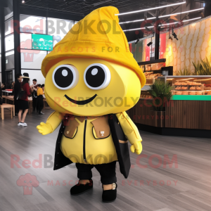 Lemon Yellow Tacos mascot costume character dressed with a Leather Jacket and Handbags