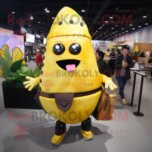 Lemon Yellow Tacos mascot costume character dressed with a Leather Jacket and Handbags