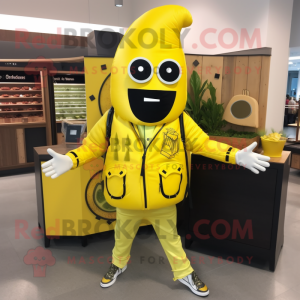 Lemon Yellow Tacos mascot costume character dressed with a Leather Jacket and Handbags