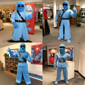 Sky Blue Gi Joe mascot costume character dressed with a Maxi Skirt and Tie pins