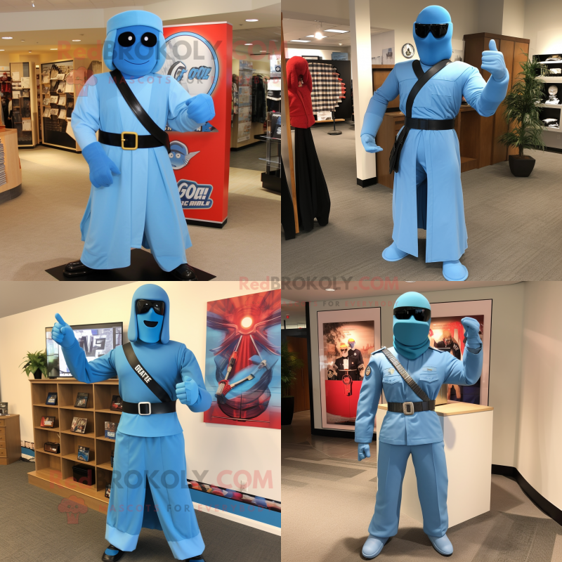 Sky Blue Gi Joe mascot costume character dressed with a Maxi Skirt and Tie pins Sky Blue Gi Joe mascot costume character dressed with a Maxi Skirt and Tie pins