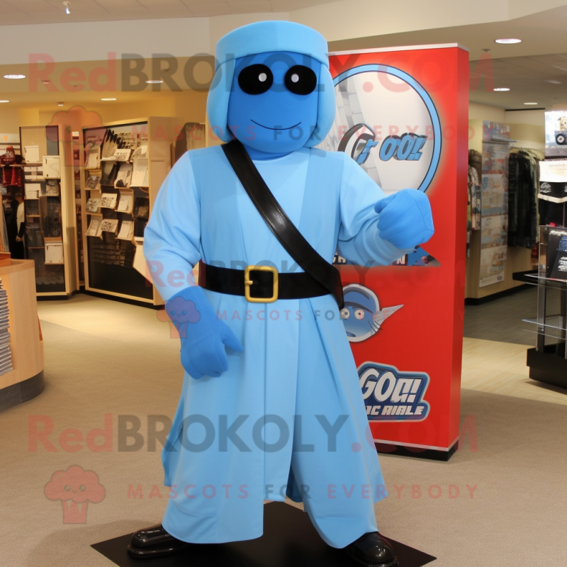 Sky Blue Gi Joe mascot costume character dressed with a Maxi Skirt and Tie pins