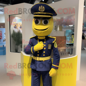 Lemon Yellow Navy Soldier mascot costume character dressed with a Vest and Bracelet watches