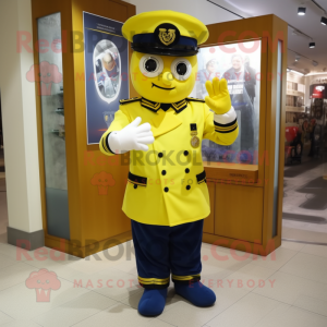Lemon Yellow Navy Soldier mascot costume character dressed with a Vest and Bracelet watches