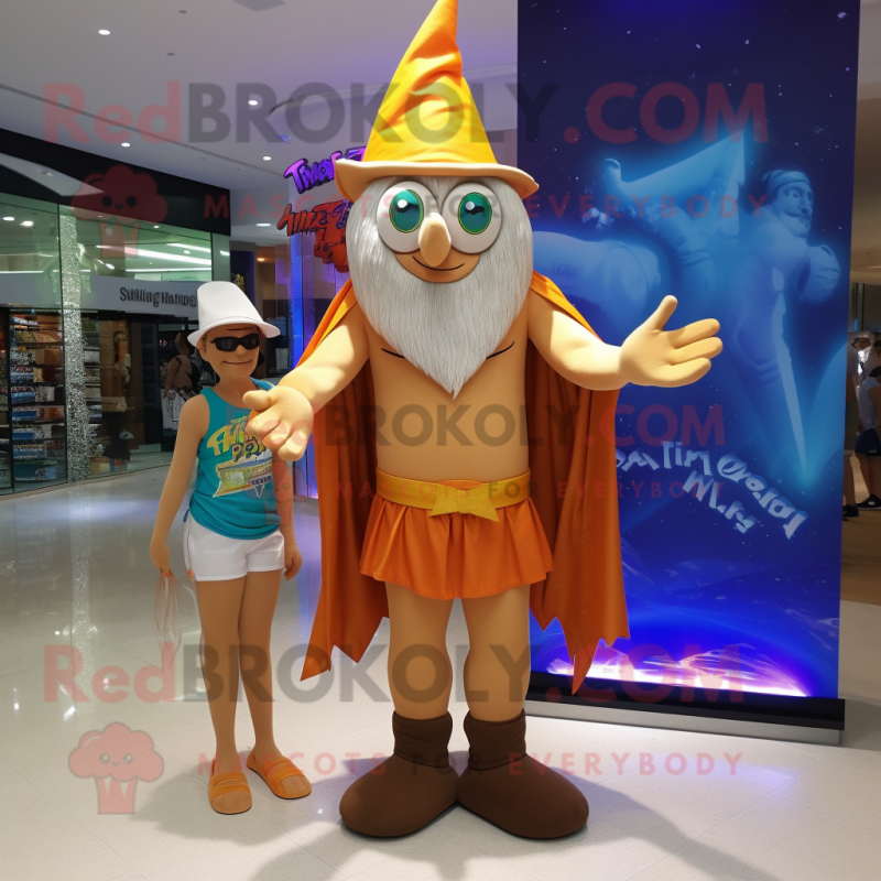 Tan Wizard mascot costume character dressed with a One-Piece Swimsuit and Cummerbunds