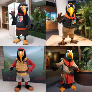 Rust Toucan mascot costume character dressed with a Sweatshirt and Belts