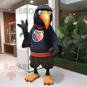 Rust Toucan mascot costume character dressed with a Sweatshirt and Belts