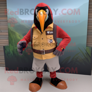 Rust Toucan mascot costume character dressed with a Sweatshirt and Belts