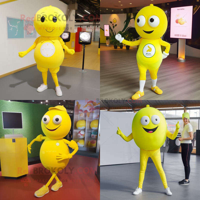 Lemon Yellow Petanque Ball mascot costume character dressed with a Leggings and Digital watches