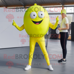 Lemon Yellow Petanque Ball mascot costume character dressed with a Leggings and Digital watches