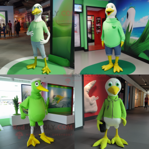 Lime Green Seagull mascot costume character dressed with a Skinny Jeans and Anklets