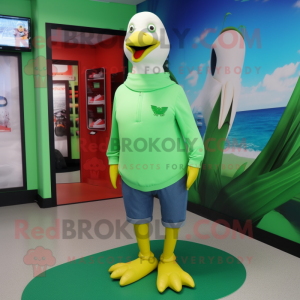 Lime Green Seagull mascot costume character dressed with a Skinny Jeans and Anklets