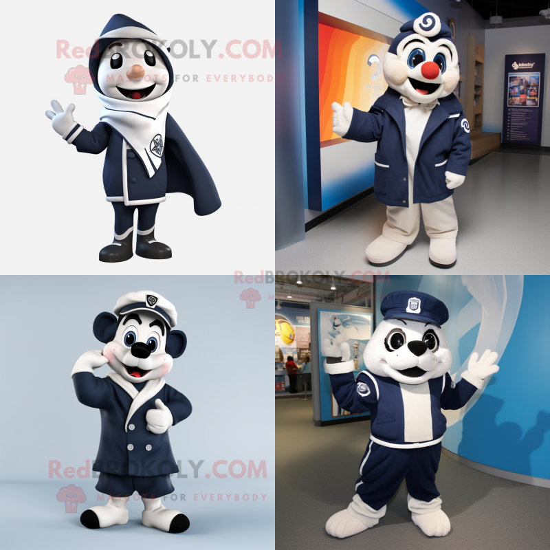 Navy Mime mascot costume character dressed with a Parka and Wraps Navy Mime mascot costume character dressed with a Parka and Wraps