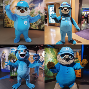 Blue Sloth mascot costume character dressed with a Bodysuit and Hats