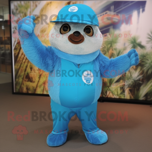 Blue Sloth mascot costume character dressed with a Bodysuit and Hats