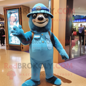 Blue Sloth mascot costume character dressed with a Bodysuit and Hats