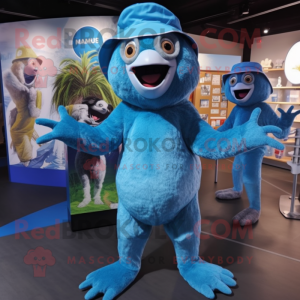 Blue Sloth mascot costume character dressed with a Bodysuit and Hats