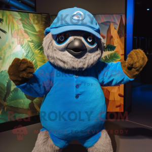 Blue Sloth mascot costume character dressed with a Bodysuit and Hats