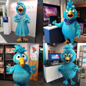 Turquoise Chicken mascot costume character dressed with a Wrap Dress and Tie pins
