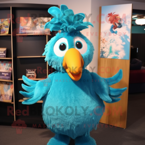 Turquoise Chicken mascot costume character dressed with a Wrap Dress and Tie pins