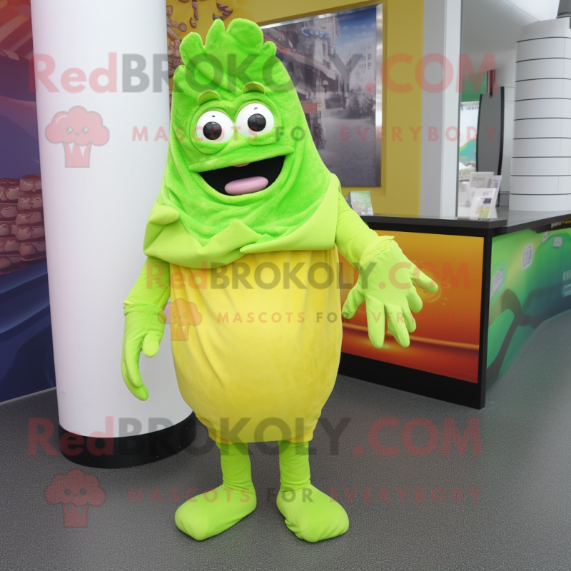 Lime Green Fried Calamari mascot costume character dressed with a Leggings and Mittens