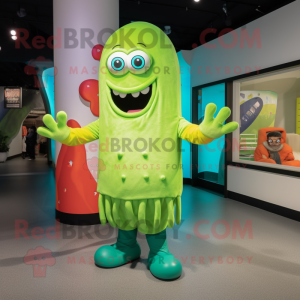 Lime Green Fried Calamari mascot costume character dressed with a Leggings and Mittens