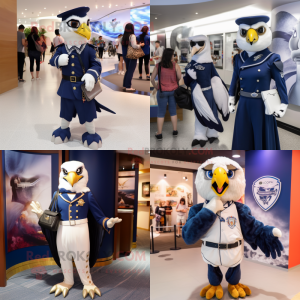 Navy Falcon mascot costume character dressed with a Blouse and Clutch bags