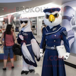 Navy Falcon mascot costume character dressed with a Blouse and Clutch bags