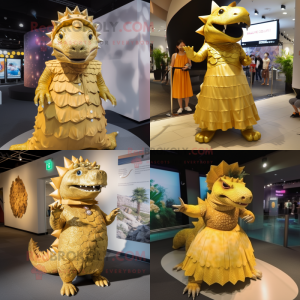 Gold Ankylosaurus mascot costume character dressed with a Maxi Dress and Caps