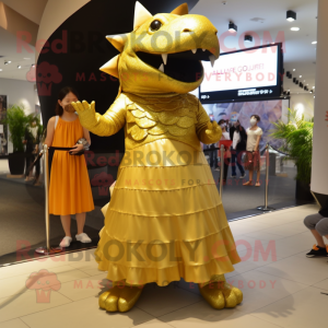 Gold Ankylosaurus mascot costume character dressed with a Maxi Dress and Caps