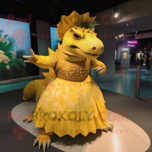 Gold Ankylosaurus mascot costume character dressed with a Maxi Dress and Caps