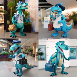 Cyan Spinosaurus mascot costume character dressed with a Vest and Handbags