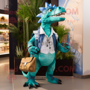 Cyan Spinosaurus mascot costume character dressed with a Vest and Handbags