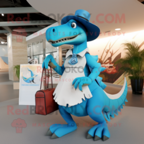 Cyan Spinosaurus mascot costume character dressed with a Vest and Handbags