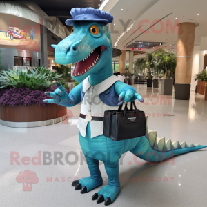Cyan Spinosaurus mascot costume character dressed with a Vest and Handbags