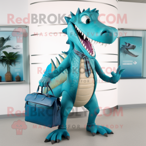 Cyan Spinosaurus mascot costume character dressed with a Vest and Handbags