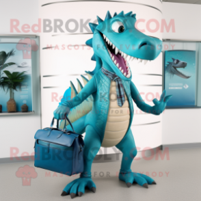 Cyan Spinosaurus mascot costume character dressed with a Vest and Handbags