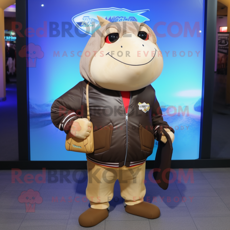 Brown Whale mascot costume character dressed with a Bomber Jacket and Handbags