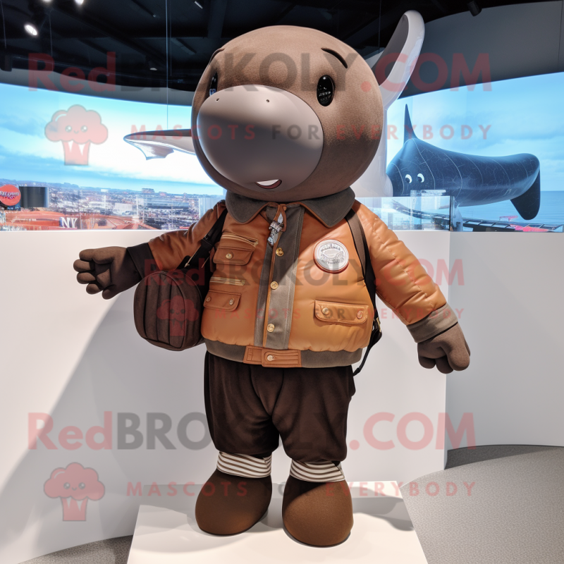 Brown Whale mascot costume character dressed with a Bomber Jacket and Handbags Brown Whale mascot costume character dressed with a Bomber Jacket and Handbags