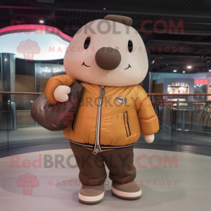 Brown Whale mascot costume character dressed with a Bomber Jacket and Handbags